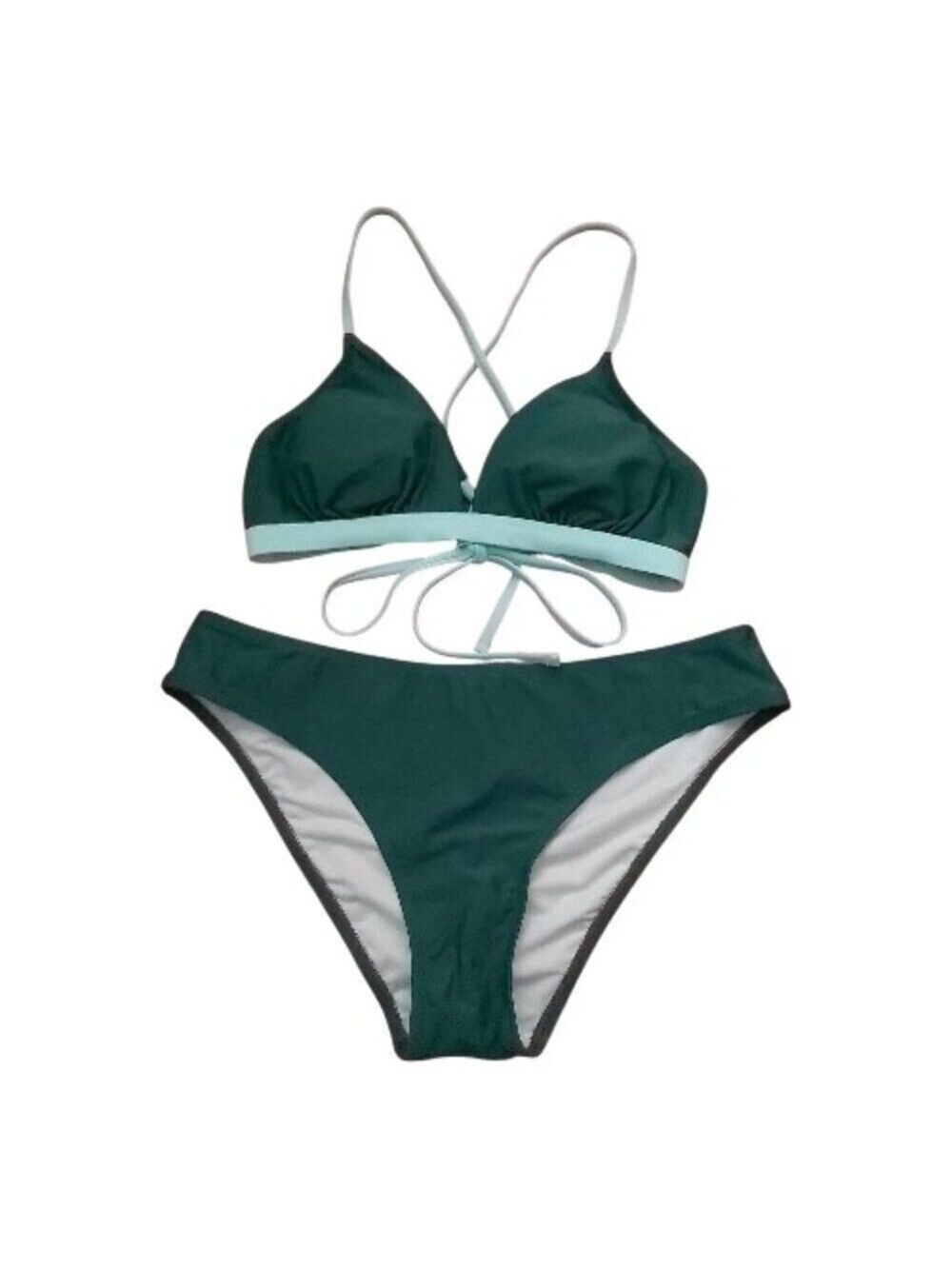 CUPSHE Green 2-Piece Bikini Set Medium High Waist Bottom Tie Back Closure